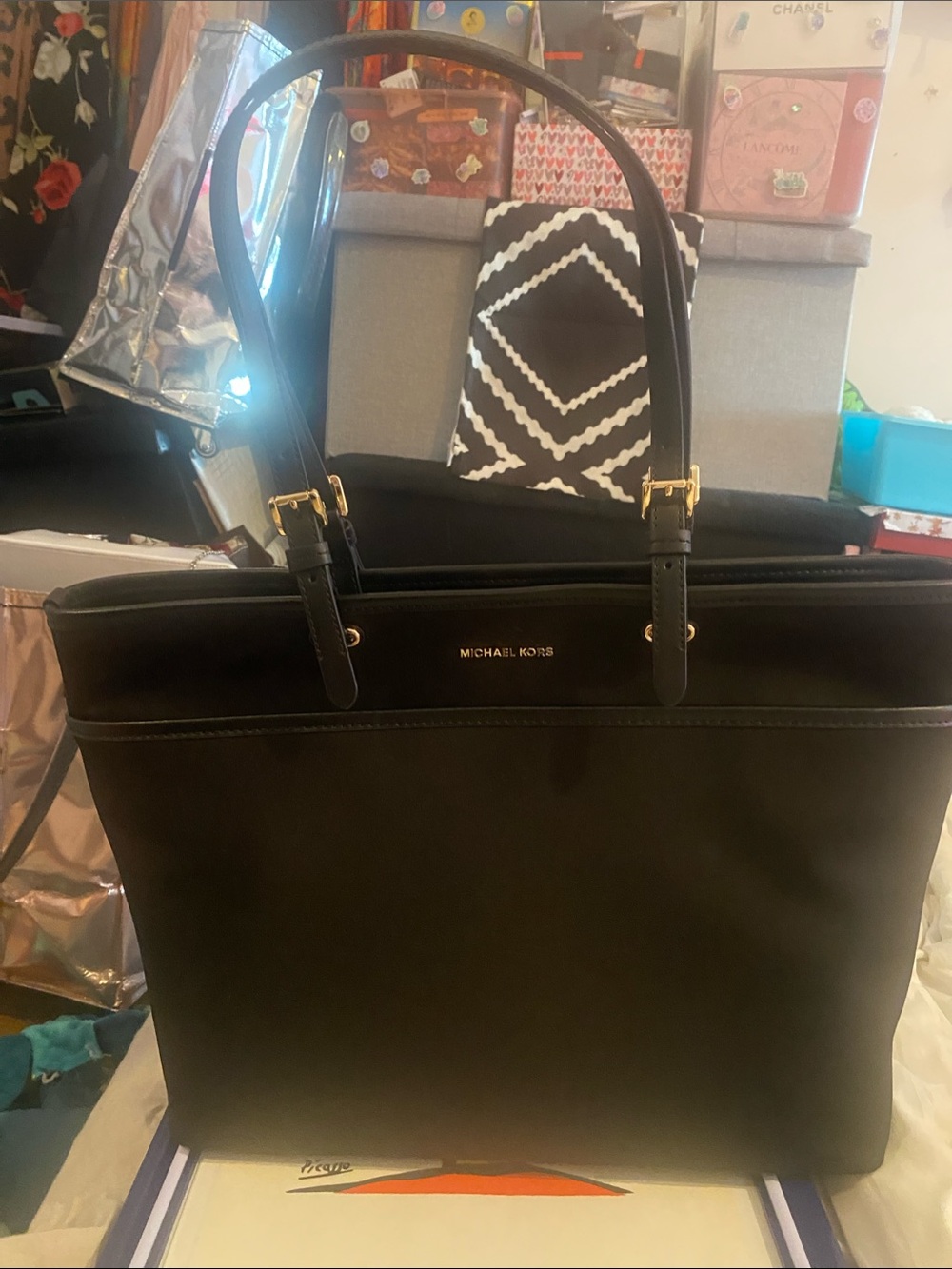 Michael Kors Black Leather Satchel with Gold Hardware